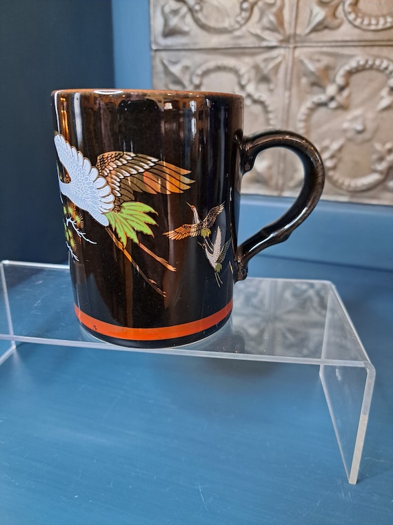 Chinoiserie Mug, Black Coffee Mug with Crane, Asian Style Coffee Cup, Floral Vase, Pier One Import Chinoiserie Mug