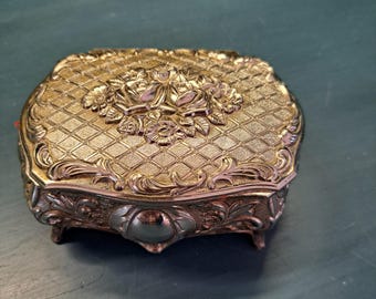 Silver-Toned Jewelry Trinket Box, READ, Small Silver Box, Lidded Petite Box with Feet, Ornate Decorative, Made in Japan