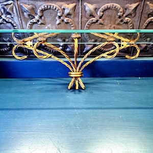 Hollywood Regency Gold/ Brass Painted Glass Shelf, Brass Color Metal Rope Shelf, MCM Shelf, Made in USA