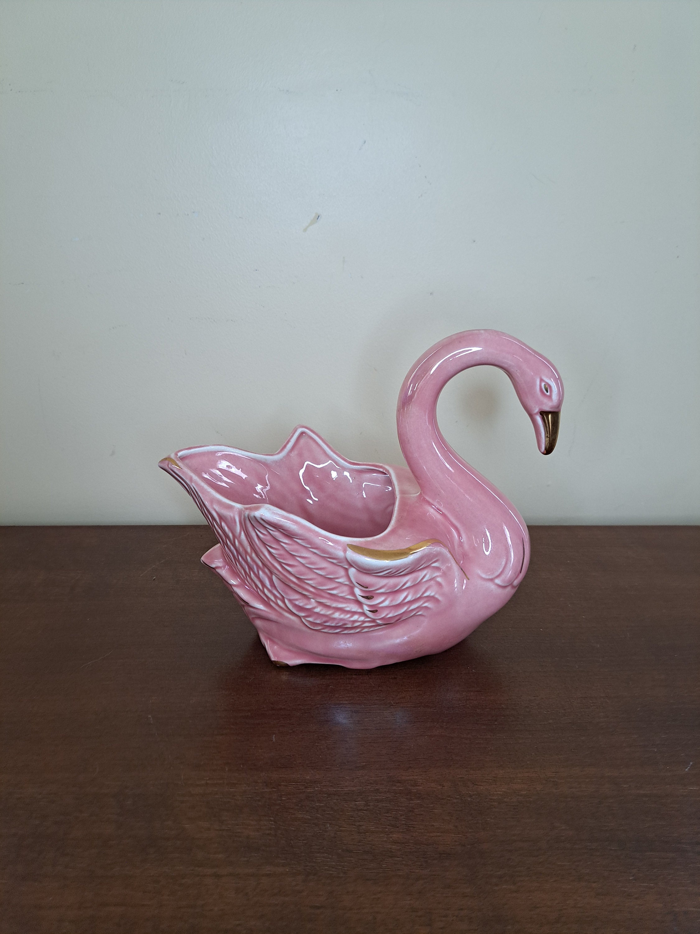 Planter, Pink and Gold Swan Planter Swan or Flamingo Ceramic Vase, Swan Planter Pink Bird, Vintage Decor for Plants, Plant Lover Gift