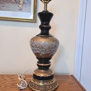 Lamp, Vintage Mid Century Modern Lamp MCM Lightning, Brass, Reverse Painted Glass Lamp, Rare, Hollywood Regency, Gold, Black, White Flowers