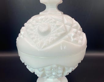 May include: A white, lidded candy dish with a geometric pattern. The dish has a round body, a pedestal base, and a pointed finial on the lid. The dish is made of opaque white glass and is likely vintage.