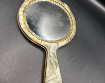 Art Deco Mirror, Vintage Hand Mirror, Art Deco Bakelite Gray/Green Marbleized Vanity Mirror, 1920s Hand Mirror,