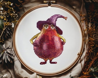 Personaje divertido de higo - Patrón de punto de cruz - Higo, sombrero, cara - Patrón de punto de cruz a mano