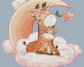 Jirafa y Jirafa Soñadora - Patrón Punto de Cruz - Habitación Bebé - Patrón de Bordado Punto de Cruz a mano