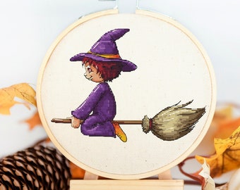 Mago en una escoba - Patrón de punto de cruz - Punto de cruz de Halloween - Patrón de bordado de brujería - Patrón de bordado