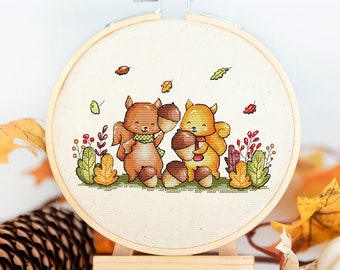 Ardillas y avellanas - Patrón de punto de cruz - Bosque otoñal - Patrón de bordado a mano en punto de cruz