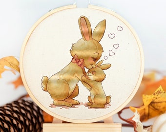 Mamá y Conejito - Patrón de punto de cruz - Conejo, Cierva, Conejito - Madre e Hijo - Patrón de punto de cruz a mano