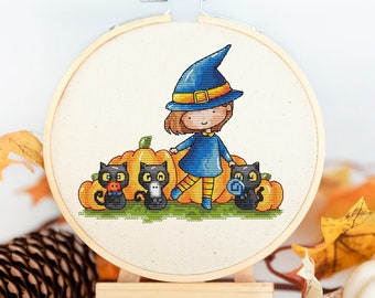 Bruja, calabazas y tres gatos - Patrón de punto de cruz - Halloween - Otoño - Patrón de bordado de punto de cruz
