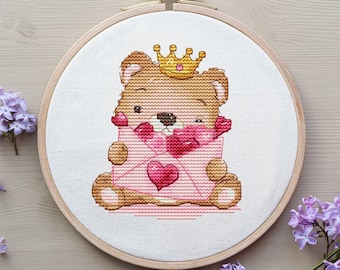Oso de amor 2 - Patrón de punto de cruz - Día de San Valentín - Habitación de bebé - Patrón de bordado a punto de cruz a mano