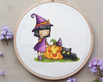 Bruja, Calabaza, Araña y Gato - Patrón de Punto de Cruz - Halloween - Otoño - Patrón de Punto de Cruz - Patrón de Bordado