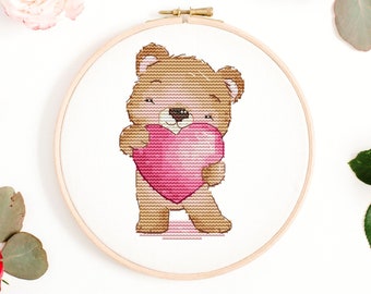 Oso de amor 1 - Patrón de punto de cruz - Día de San Valentín - Habitación de bebé - Patrón de bordado a mano en punto de cruz