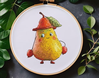Personaje de pera divertido - Patrón de punto de cruz - Pera, sombrero, cara - Patrón de punto de cruz a mano
