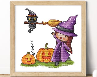 Bruja y gato en una escoba - Patrón de punto de cruz - Halloween - Calabazas - Patrón de bordado a mano en punto de cruz