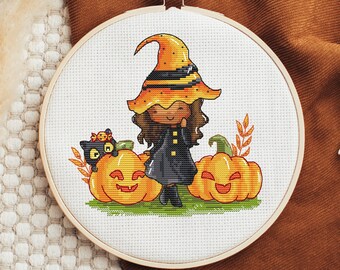 Bruja, Calabazas y Gato - Patrón de Punto de Cruz - Halloween - Otoño - Patrón de Bordado de Punto de Cruz