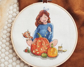 Mujer de otoño - Patrón de punto de cruz - Mujer y calabazas - Patrón de punto de cruz, bordado de Halloween, PDF