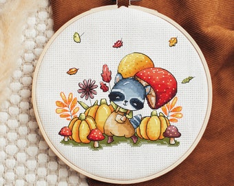 Mapache, calabazas y hongos - Patrón de punto de cruz - Bosque otoñal - Patrón de bordado a mano en punto de cruz