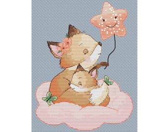 Zorro de ensueño y cachorro - Patrón de punto de cruz - Habitación de bebé - Patrón de bordado a mano en punto de cruz