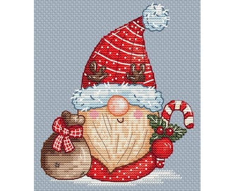 Gnomo y Astas de Navidad - Patrón Punto de Cruz - Gnomo, Bastón de Caramelo, Papá Noel - Patrón de Bordado Punto de Cruz a Mano