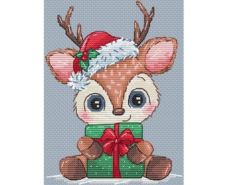 Ciervo de Navidad - Patrón Punto de Cruz - Ciervo, Navidad, Regalo - Patrón de bordado punto de cruz a mano