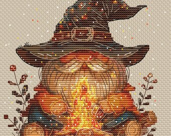 Gnomo de fogata - Patrón de punto de cruz - Gnomo, Fogata, Bosque - Patrón de bordado de punto de cruz a mano