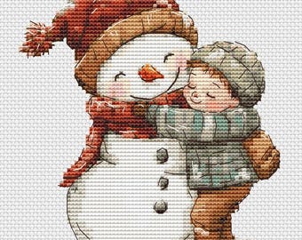 Muñeco de nieve abrazando a un niño pequeño - Patrón de punto de cruz - Muñeco de nieve, Navidad - Patrón de punto de cruz a mano