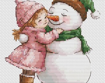 Muñeco de nieve abrazando a una niña - Patrón de punto de cruz - Muñeco de nieve, Navidad - Patrón de punto de cruz a mano