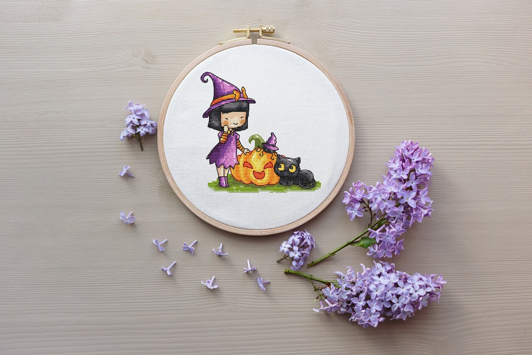 Witch Pumpkin Spider and Cat Cross Stitch Pattern Halloween Cross ...