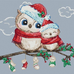 Christmas Owl and Baby - Cross Stitch Pattern - Christmas and gift - Hand embroidery design - Owl and Baby - PDF