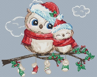 Búho Navideño y Bebé - Patrón Punto de Cruz - Búho, Navidad, Gorro, Búho - Patrón de Bordado Punto de Cruz a Mano