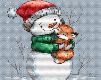 Muñeco de nieve navideño y zorro bebé - Patrón de punto de cruz - Muñeco de nieve, Navidad - Patrón de punto de cruz a mano