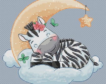 Cebra y Luna de Ensueño - Patrón de Punto de Cruz - Habitación de Bebé - Patrón de Bordado a Punto de Cruz a Mano