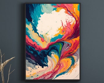 Puede incluir: Impresión digital de arte abstracto con una mezcla de pintura azul, amarilla, roja y rosa que gira. Los colores son vibrantes y crean una sensación de movimiento. La impresión está enmarcada en un marco negro y está lista para descargarse.