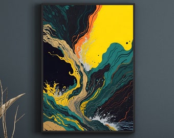 Puede incluir: Impresión digital de arte abstracto con un esquema de color amarillo, verde y negro. La impresión presenta líneas y formas que se arremolinan, creando una composición dinámica y enérgica. El texto "DESCARGA DIGITAL" es visible debajo de la impresión.