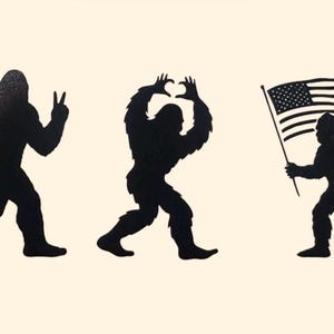 May include: Black silhouette graphic of Bigfoot in three poses: giving a peace sign, making a heart shape with its hands, and holding an American flag. The background is a solid, light beige color.