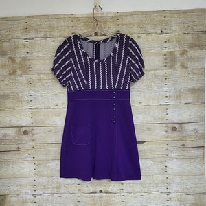 Vintage 70s Purple Mini Dress: Polka Dot Bodice, Front Pocket