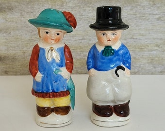Vintage Old Timey Ceramic Boy and Girl Salt & Pepper Shaker Set Boy with Top Hat and Cane Girl in Aqua Green Hat and Umbrella Old Fashioned