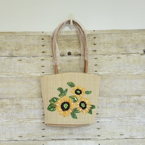 Bolso vintage Cleo New York de tela con girasoles pintados y cuentas de lentejuelas. Bolso de verano con girasoles. Nunca usado. Con etiqueta.