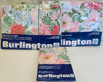 Conjunto completo de lençóis florais vintage Burlington: flores rosa dos anos 1970, novo na embalagem