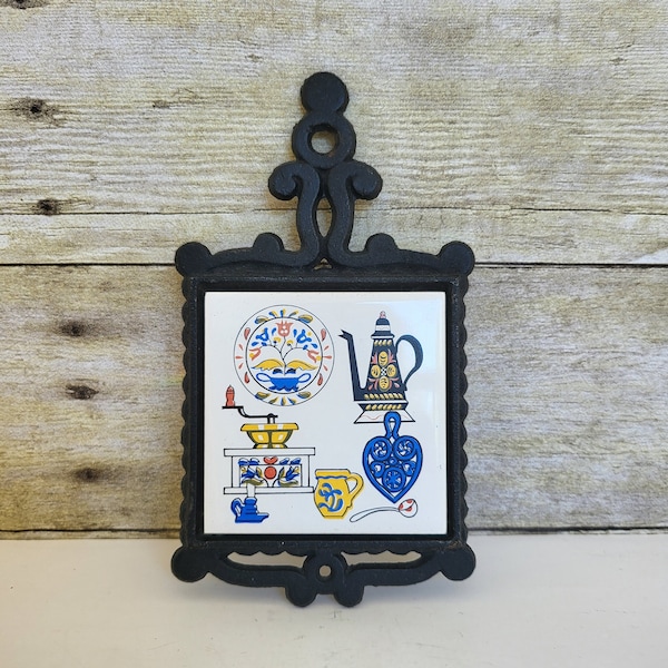 Vintage Cast Iron and Tile Trivet/Wall Decor Coffee Grinder Coffee Pot Candle 1960's 'Old Fashioned' Coffee Themed Trivet Made in Japan