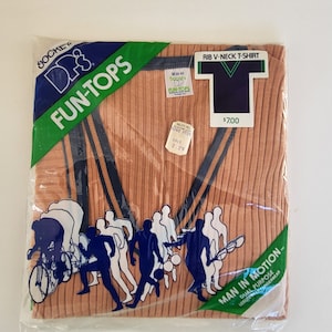 ヴィンテージ 1976 ジョッキー リブ Vネック Tシャツ - タン＆ネイビー - Mサイズ