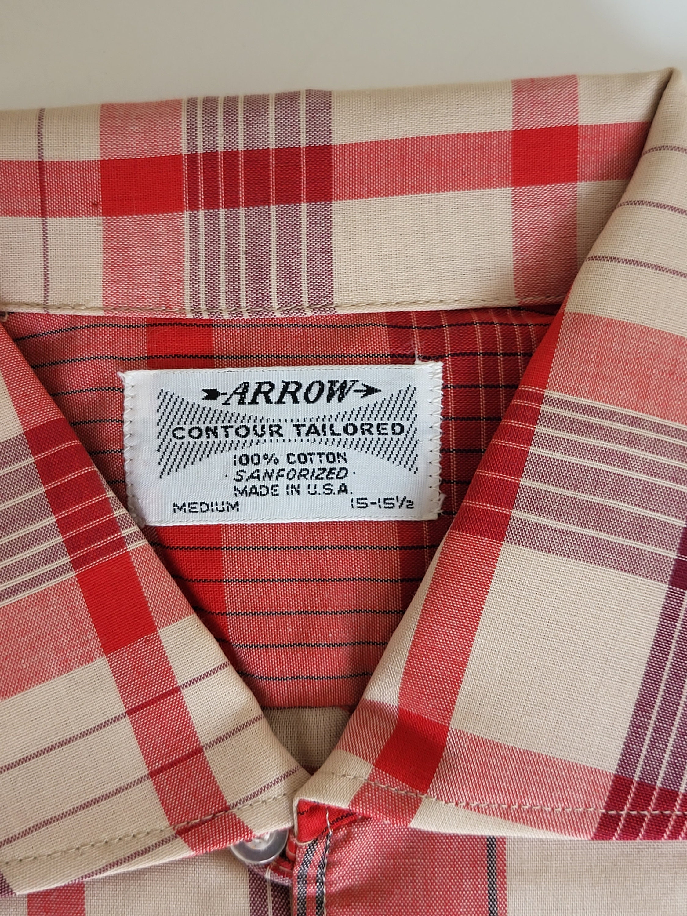 Vintage Arrow Contour Tailored Red & Tan Plaid Shirt M/15 15 1/2