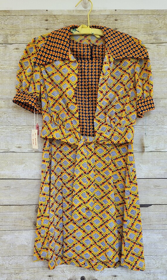 Vintage 1970's 2 Piece Dress Set Blue Yellow & Re… - image 2