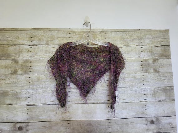 Handmade Wrap Scarf - Crocheted Wrap Scarf - Purple Green Gold