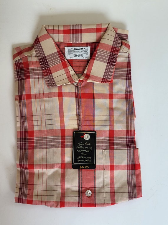 Vintage Arrow Contour Tailored Red & Tan Plaid Shirt M/15 15 1/2