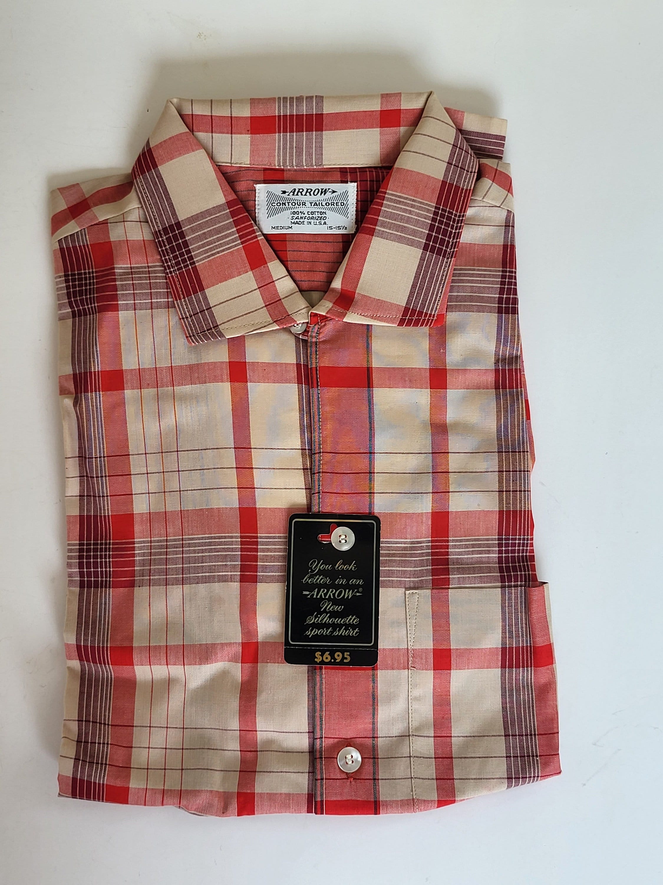 Vintage Arrow Contour Tailored Red & Tan Plaid Shirt M/15 15 1/2 