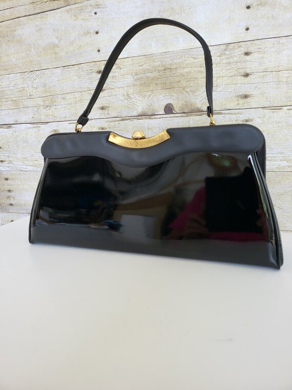 Vintage 1960s Black Patent Leather and Lucite MOD Purse - Raleigh