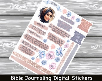 May include: Digital stickers for Bible journaling featuring a portrait of a woman wearing a headscarf, floral illustrations, and text that includes "HULDAH", "PROPHETESS", "2 KINGS 22", "2 CHRONICLES 34:22-78", and "Bible Journaling Digital Stickers".