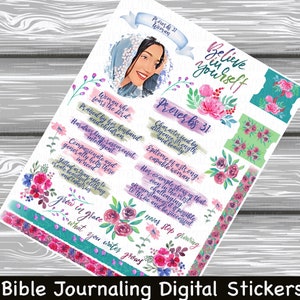 May include: Digital stickers for Bible journaling with watercolor floral designs and inspirational quotes. The stickers feature a woman with a headscarf, the text "Believe in yourself", and the Bible verse Proverbs 31.