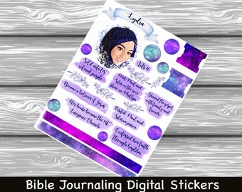 May include: Digital stickers for Bible journaling with a purple and blue galaxy theme. The stickers feature a woman wearing a hijab, floral designs, and text from the Bible, including "Lydia", "Acts 16", and "Shared the gospel with family and friends".